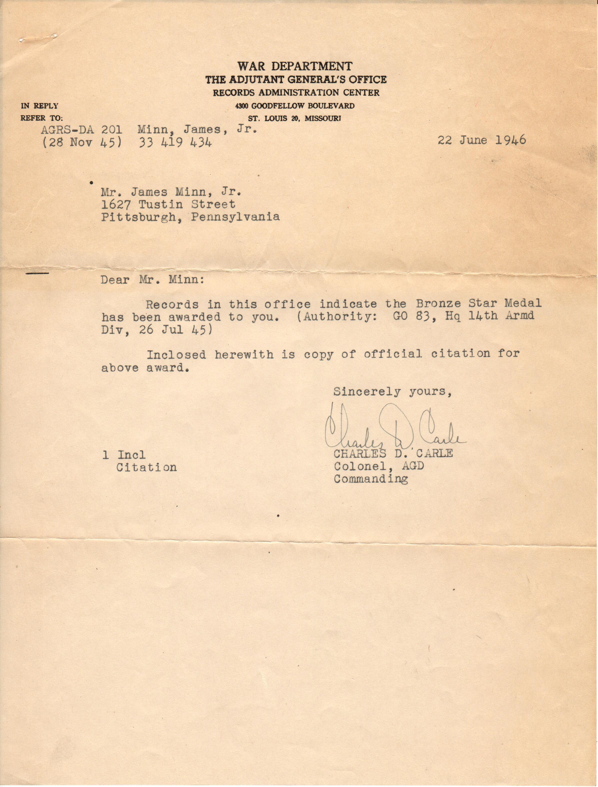 Bronze Star Metal Award Citation p.1, 1945