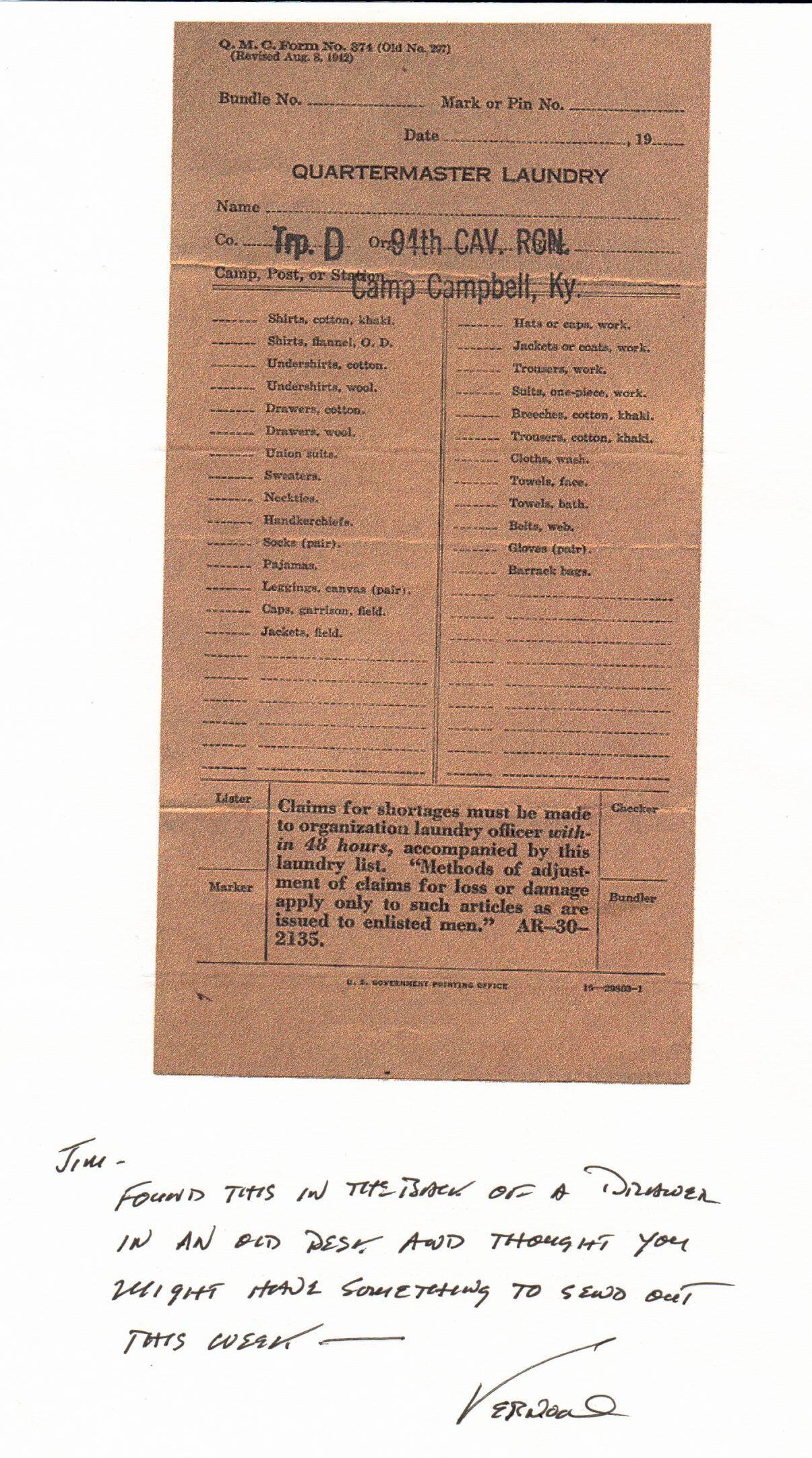 Quartermaster Laundry Form, Trp D, 94th Cal Rcn, 1943