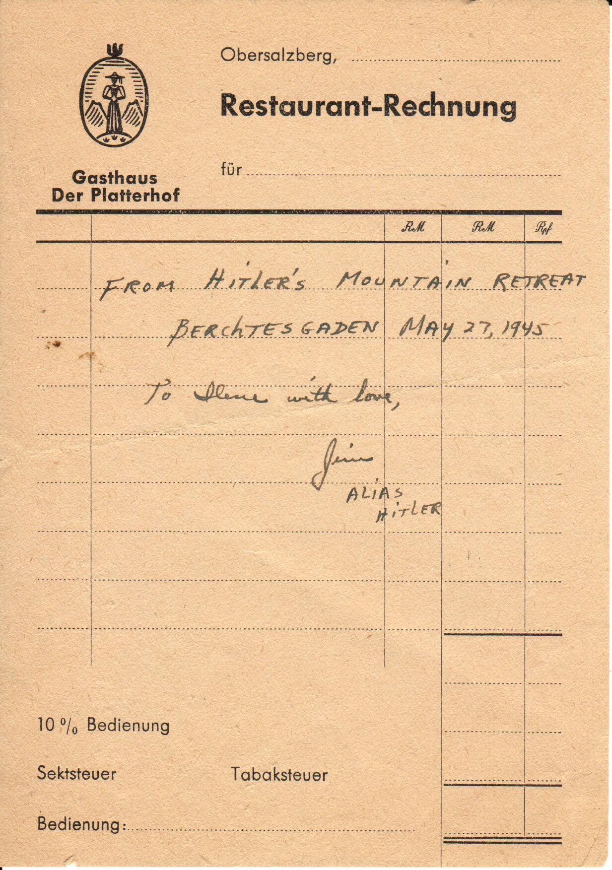 Restaurant Receipt Obersalzberg Germany, May 1945